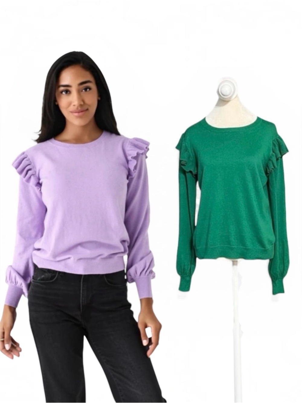 J. Society Ruffle Shoulder Puff Sleeve Knit Sweater Classic Green Size Small